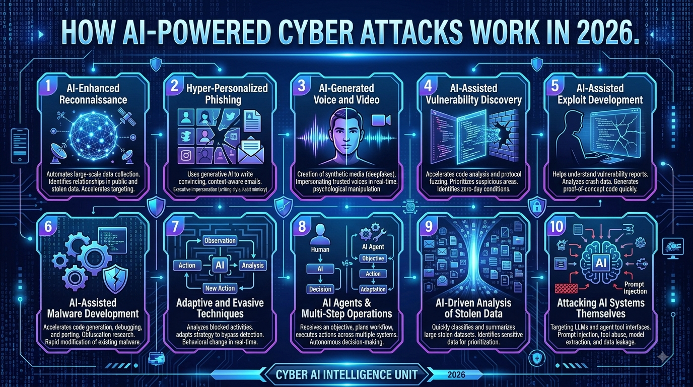 Diagram illustrating the uses of AI in 2026 cyber attacks