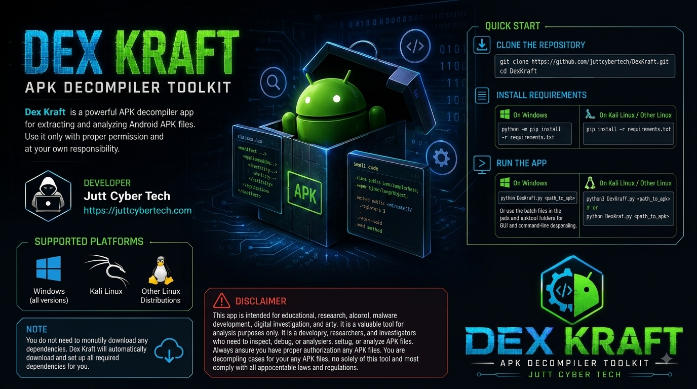 Promotional banner for the DexKraft APK Decompiler Toolkit